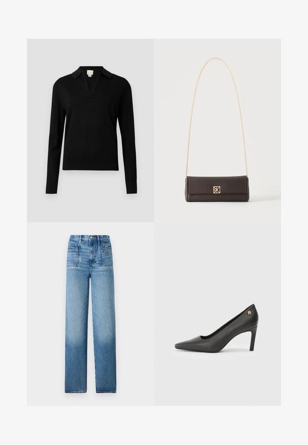 Sort langærmet sweater med V-hals og kravedesign. Lavet af et blødt materiale og med ribbede manchetter og kant for ekstra tekstur.; Lys blå denim jeans med høj talje, lige ben-design, forlommer og en falmet finish ved den nederste kant.; Sorte patentlærred højhælede pumpe med spids tå, prydet med et lille guldlogo på hælen. Glat tekstur, strømlinet design.; Rektangulær mørkebrun læderhåndtaske med guldkæde-rem og en lille firkantet guldlås midtfor.