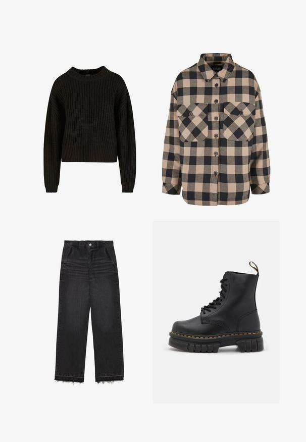 Sort strikket trøje med ribbet tekstur, rund halsudskæring og lange ærmer. Afkortet design med en løs pasform. Ingen synlige mønstre eller metaldele.; Rutet flannel skjorte i beige og mørkegrå. Har en knap-ned front, to brystlommer og en nedfoldet krave. Løs pasform.; Sorte denimbukser med lige ben. Har høj talje, rå kant og en diskret falmet struktur. Foran er der lommer.; Sort læder snørre støvle med en kraftig sål, gul syning, rund tå og en træksløjfe bagpå for nem påtagning.