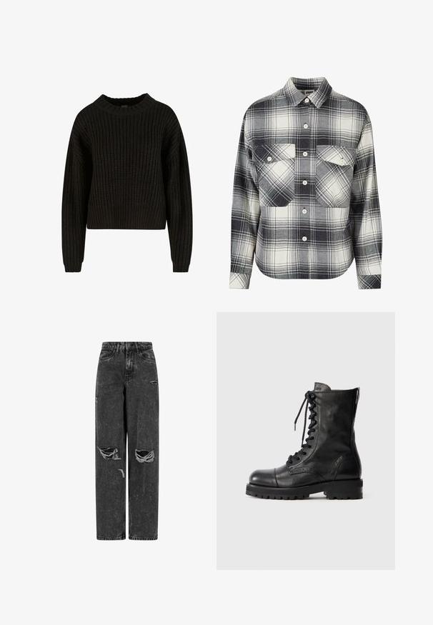 Sort strikket trøje med ribbet tekstur, rund halsudskæring og lange ærmer. Afkortet design med en løs pasform. Ingen synlige mønstre eller metaldele.; Rutet flannel skjorte i sort, hvid og grå. Har knaplukning foran, to brystlommer og lange ærmer med knapmansjetter.; Sorte højtaljede brede bukser af jeans med rifter på knæene og slidte detaljer på en hvid baggrund.; Sorte læder lace-up støvler med rund tå, broguedetaljer og en robust gummisål. Har en lynlås på bagsiden for nem påtagning.