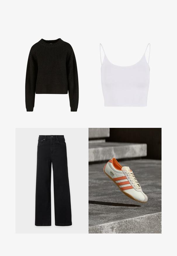 Suéter negro de punto con textura acanalada, cuello redondo y mangas largas. Diseño corto con un ajuste holgado. Sin patrones visibles ni elementos metálicos.; Camiseta sin mangas blanca con tirantes delgados ajustables, un diseño ceñido y una textura suave y elástica sin patrones ni adornos.; Vaqueros negros de tiro alto y pierna ancha con cierre frontal de botón y cremallera, trabillas para cinturón y bolsillos delanteros y traseros, mostrados sobre un fondo blanco.; Zapatilla blanca y naranja con tres rayas laterales, parte superior de cuero liso, suela texturizada y puntera redondeada. Incluye el logo "adidas TOKYO".
