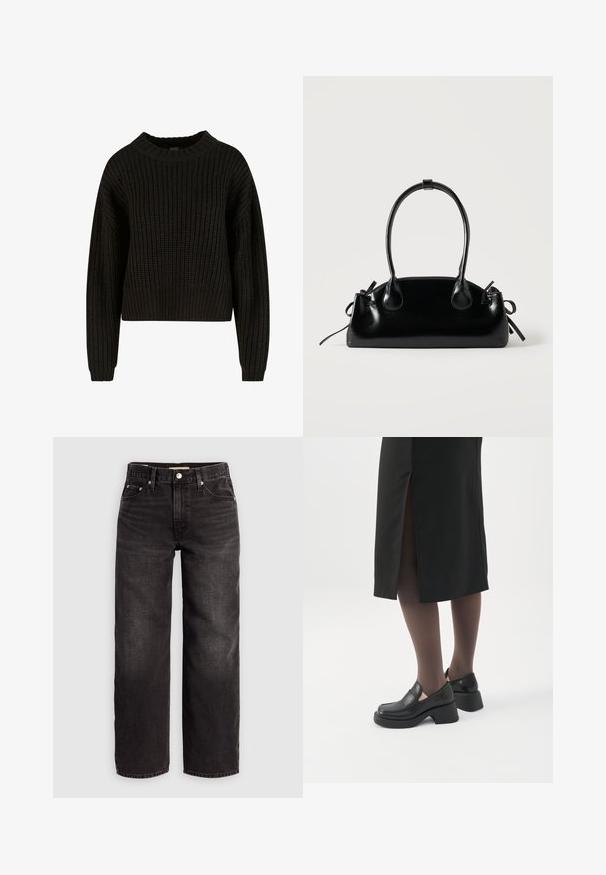 Sort strikket trøje med ribbet tekstur, rund halsudskæring og lange ærmer. Afkortet design med en løs pasform. Ingen synlige mønstre eller metaldele.; Levi's® BAGGY DAD - Baggy jeans - shrink up; Kvinde iført sorte loafers med chunky hæl, sorte tynde strømpebukser og en sort nederdel med slids bagpå på hvid baggrund.; Lille sort blank håndtaske med to lange håndtag og snøre-detaljer i siden på en ensfarvet lys baggrund.