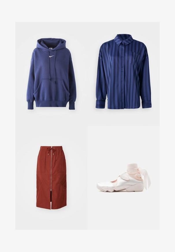 Marineblauwe hoodie, gemaakt van een zachte katoenmix, met een voorzak, een trekkoordkap en een wit Nike-logo op de borst.; Marineblauw gestreepte shirt met kraag, borstzak en lange mouwen. Gemaakt van een gladde, glanzende stof met een losse pasvorm.; Mid-length rok in terracotta rood, met een rits aan de voorkant, een elastische tailleband met trekkoord en zijzakken met een geometrisch ontwerp.; Witte en lichtroze sneaker met zachte stoffen enkelwikkeling gestrikt in een strik, met verstelbare riem en afgeronde zool.