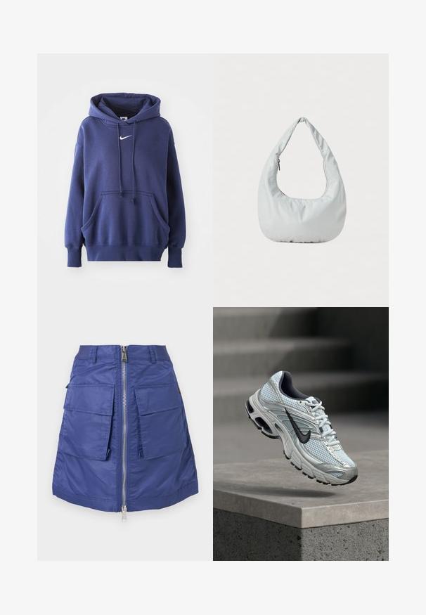 Dunkelblauer Kapuzenpullover aus weichem Baumwollmix, mit einer Fronttasche, Kordelzugkapuze und weißem Nike-Logo auf der Brust.; Marineblaue Nylon-Rock mit einem frontalen Reißverschluss. Verfügt über zwei große aufgenähte Taschen und eine strukturierte Silhouette. Glatte Textur.; Weißer und grauer Nike-Laufschuh mit schwarzem Logo, der über einem Betonsims vor verschwommenem grauem Hintergrund schwebt.; Weiche, hellgraue Hobo-Tasche aus synthetischem Material. Verfügt über einen gepolsterten Tragegriff und ein seitliches Reißverschlussfach.
