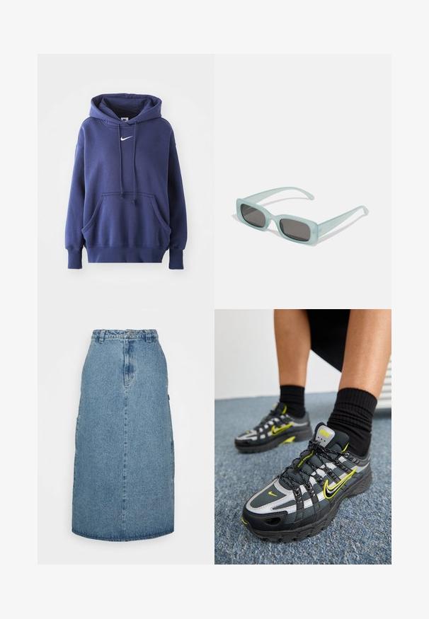Marineblauwe hoodie, gemaakt van een zachte katoenmix, met een voorzak, een trekkoordkap en een wit Nike-logo op de borst.; Obey Clothing JUNIPER MIDI SKIRT - A-lijn rok - stonewash indigo; Zwarte en grijze sport schoenen met reflecterende zilveren accenten, gestructureerde meshpanelen en felgele details. Vetersluiting met een gestructureerde zool.; Een paar rechthoekige zonnebrillen met lichtblauwe doorzichtige monturen en donkergrijze glazen, met rechte pootjes en minimale hardwaredetails.