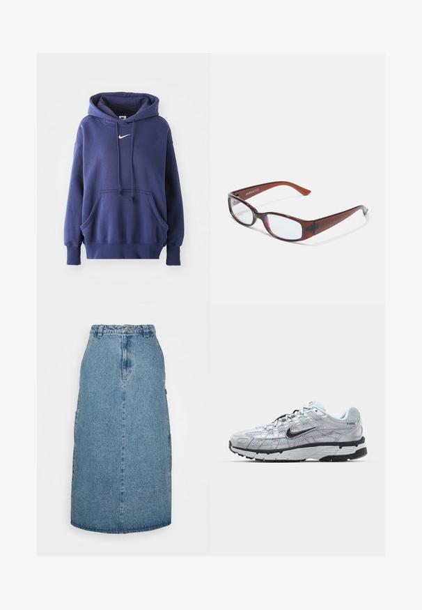 Tumed sinine kapuutsiga sviiter, mis on valmistatud pehmest puuvillasegistusest. Omab eesmise tasku, reguleeritavat kapuutsi ja valget Nike logo rinnal.; Obey Clothing JUNIPER MIDI SKIRT - A-lõikeline seelik - stonewash indigo; Nike P-6000 tenniset heleda halli võrgust pealteega, mustade aktsentidega ja vastupidava musta kummist tallaga. Omab keerukat disaini ja paeltesüsteemi.; Pruunide toonidega ristkülikukujulised prillid, millel on läikiv viimistlus, peeneid oksi ja läbipaistvad läätsed. Logo on nähtav vasakul templi osal.