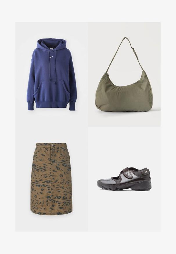 Dunkelblauer Kapuzenpullover aus weichem Baumwollmix, mit einer Fronttasche, Kordelzugkapuze und weißem Nike-Logo auf der Brust.; Brauner knielanger Rock mit dunklem abstraktem Animal-Print, vorne mit Knöpfen und elastischem Bund, flach auf weißem Hintergrund liegend.; Dunkelbrauner Sportschuh mit glänzender Oberfläche, Klettverschluss, abgerundeter Spitze und profilierter Sohle mit Dämpfungselementen.; Olivgrüne weiche Stoff-Schultertasche mit Reißverschluss und verstellbarem Tragegurt vor einfarbig hellem Hintergrund.
