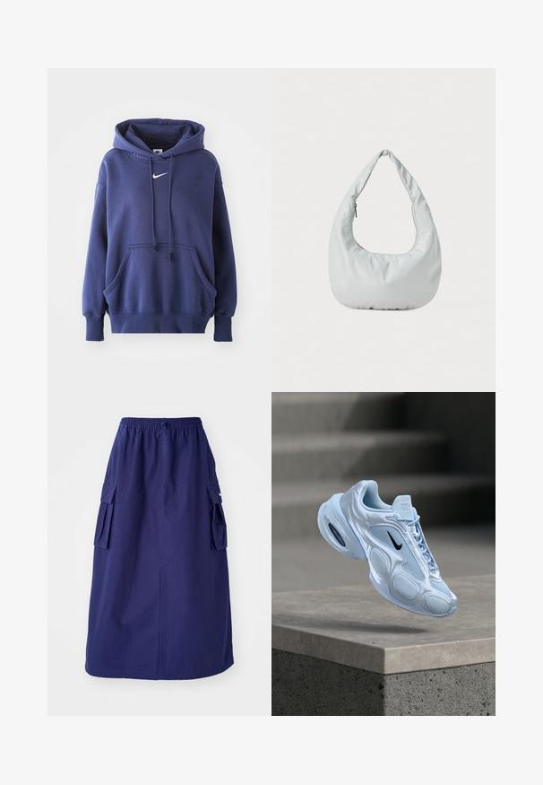 Mørkeblå hoodie lavet af blødt bomuldsblandingsmateriale, med en frontlomme, snøre i hætten og hvidt Nike-logo på brystet.; Marineblå, mellemlang nederdel med elastisk talje, der har to sidelommer og et minimalistisk logodesign. Glat stofstruktur.; Lyseblå sportssko med meshpaneler, rundet silhuet, teksturerede detaljer og sort logo. Har synlig luftpolstring i sålen.; Blød, lys grå hobo-taske lavet af syntetisk materiale. Har et enkelt polstret håndtag og en lynlåslomme på siden.