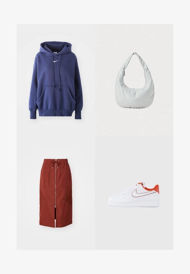 Hoodie bleu marine en mélange de coton doux, avec une poche avant, un capuche à cordon de serrage et un logo Nike blanc sur la poitrine.; Jupe mi-longue en rouge terre cuite, avec une fermeture éclair à l'avant, une taille élastique avec cordon de serrage et des poches latérales avec un design géométrique.; Baskets en cuir blanc avec des accents orange, semelle en caoutchouc texturée, détails perforés sur la boîte à orteils, et logo classique Nike Swoosh en rouge.; Sac hobo doux, de couleur gris clair, fabriqué en matériau synthétique. Présente une poignée rembourrée unique et un compartiment zippé sur le côté.