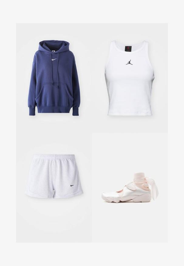 Marineblauwe hoodie, gemaakt van een zachte katoenmix, met een voorzak, een trekkoordkap en een wit Nike-logo op de borst.; Witte crop tanktop van katoen met een ribbeltextuur. Beschikt over een zwart Jordan-logo in het midden en een klassieke ronde hals.; Witte, geribbelde sportshorts met een elastische tailleband en een klein zwart Nike-logo aan de linksonderzijde. Eenvoudig, minimalistisch ontwerp.; Witte en lichtroze sneaker met zachte stoffen enkelwikkeling gestrikt in een strik, met verstelbare riem en afgeronde zool.