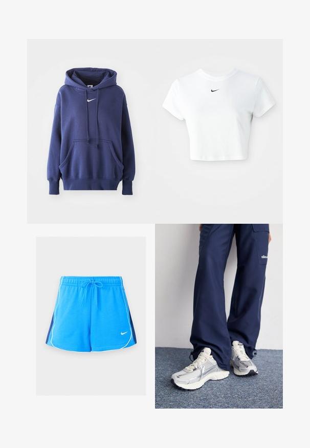 Hoodie bleu marine en mélange de coton doux, avec une poche avant, un capuche à cordon de serrage et un logo Nike blanc sur la poitrine.; T-shirt blanc court en coton, avec des manches courtes et un col rond, orné d'un logo Nike noir sur la poitrine.; Shorts de sport bleus avec un passepoil blanc le long des bords, des panneaux latéraux bleu marine, une ceinture élastique, un cordon et un petit logo Nike blanc à l'avant.; Baskets de sport Nike avec une tige en maille argentée, des accents blancs et des semelles texturées, associées à un pantalon marine ample.