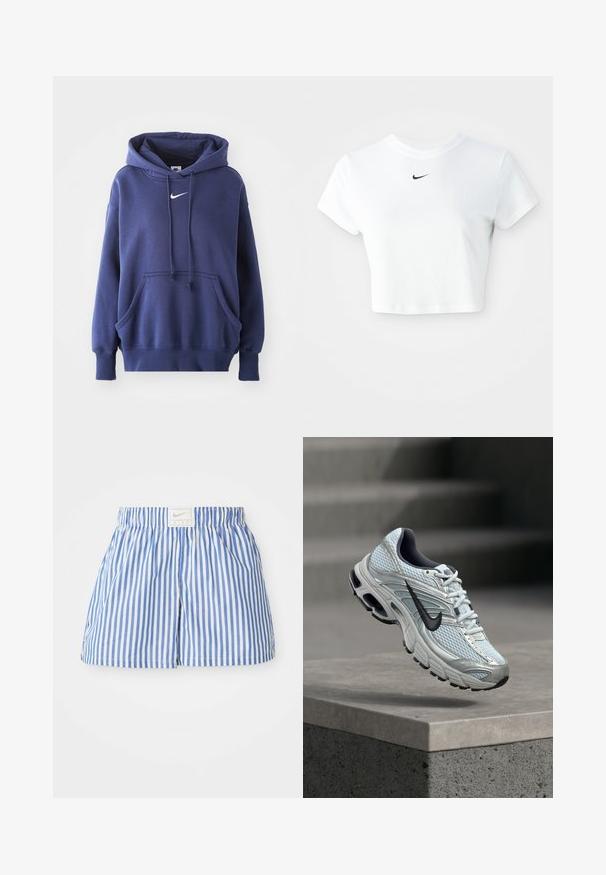 Marineblauwe hoodie, gemaakt van een zachte katoenmix, met een voorzak, een trekkoordkap en een wit Nike-logo op de borst.; Witte cropped T-shirt van katoen, met korte mouwen en een ronde halslijn, voorzien van een zwart Nike-logo op de borst.; Blauwe en witte gestreepte shorts met een elastische tailleband en een label met het Nike-logo. Gemaakt van lichtgewicht stof met een zachte textuur.; Witte en grijze Nike hardloopschoen met zwart logo zwevend boven een betonnen richel tegen een wazige grijze achtergrond.