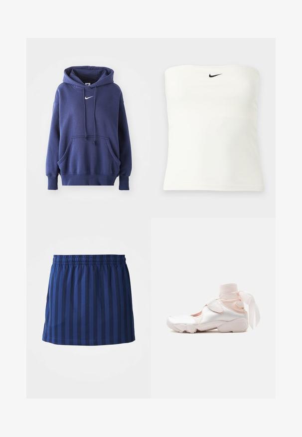 Marineblauwe hoodie, gemaakt van een zachte katoenmix, met een voorzak, een trekkoordkap en een wit Nike-logo op de borst.; Witte strapless Nike tube top met zwart swoosh-logo centraal geplaatst nabij de bovenrand, weergegeven op een effen lichte achtergrond.; Marineblauwe rok met verticale strepen, elastische tailleband, lengte tot halverwege het bovenbeen, gemaakt van lichte stof, gladde textuur.; Witte en lichtroze sneaker met zachte stoffen enkelwikkeling gestrikt in een strik, met verstelbare riem en afgeronde zool.