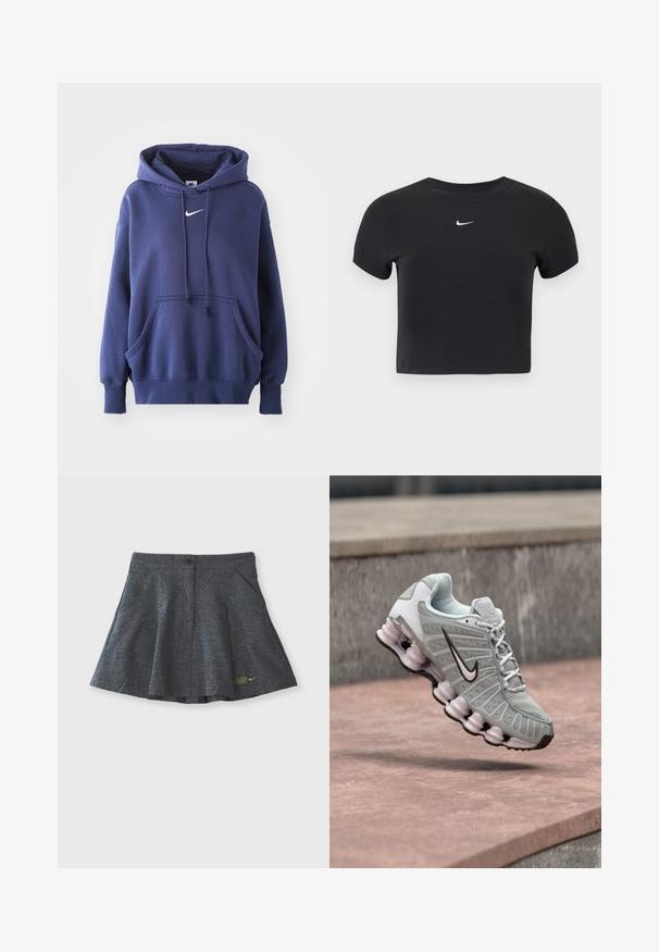 Mørkeblå hoodie lavet af blødt bomuldsblandingsmateriale, med en frontlomme, snøre i hætten og hvidt Nike-logo på brystet.; Sort cropped t-shirt lavet af bomuld, med rund halsudskæring og korte ærmer. Bemærkelsesværdigt hvidt Nike-logo på brystet.; Grå skort lavet af tekstureret stof med en taljebutton-lukning, der har to sidelommer og et subtilt broderet logo i kanten.; Lysegrå Nike-sneaker med sort swoosh-logo, hvide snørebånd og karakteristisk forårsagtig sål, vist svævende over en stensurface.
