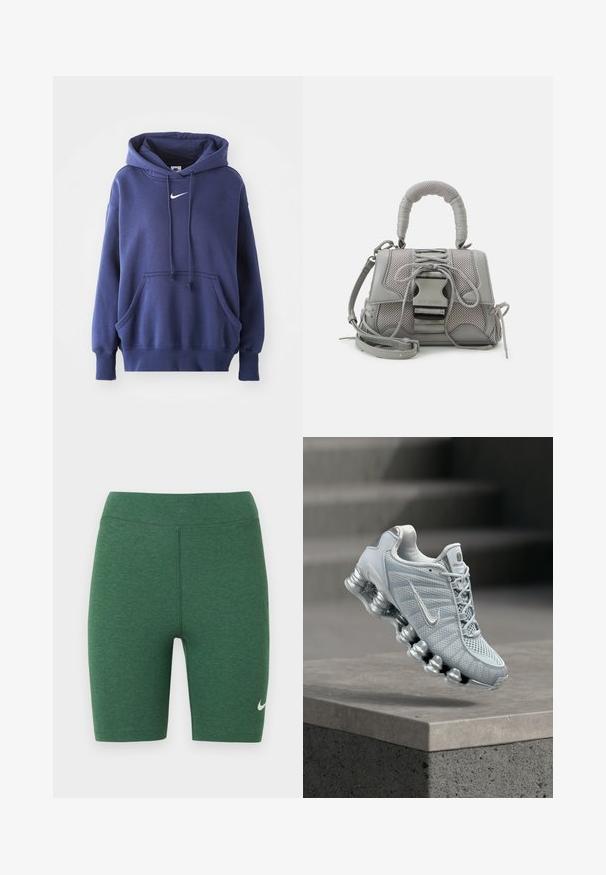 Mørkeblå hoodie lavet af blødt bomuldsblandingsmateriale, med en frontlomme, snøre i hætten og hvidt Nike-logo på brystet.; Grønne atletikshorts lavet af stretchstof. Højtaljet design med flade syninger og en hvid Nike-logo på nederste venstre ben.; Lysegrå Nike løbesko med polstret, fjedrelignende sål svævende over en betonliste, sløret trappebaggrund.; Grå tekstureret håndtaske med en polstret hank, mesh-detaljer, justerbar rem og en frontlås. Kompakt design med en afrundet form.