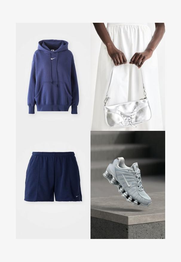Marineblauwe hoodie, gemaakt van een zachte katoenmix, met een voorzak, een trekkoordkap en een wit Nike-logo op de borst.; Marineblauwe sportshorts gemaakt van zachte stof met een elastische tailleband; voorzien van zijzakken en een klein zilveren logo op de zoom.; Lichtgrijze Nike hardloopschoen met gedempte veerachtige zool die boven een betonnen richel zweeft, wazige trapachtergrond.; Zilveren metalen handtas met vetersluiting, met een strak ontwerp en een korte schouderriem. De tas wordt vastgehouden in de handen, waardoor de textuur goed tot zijn recht komt.
