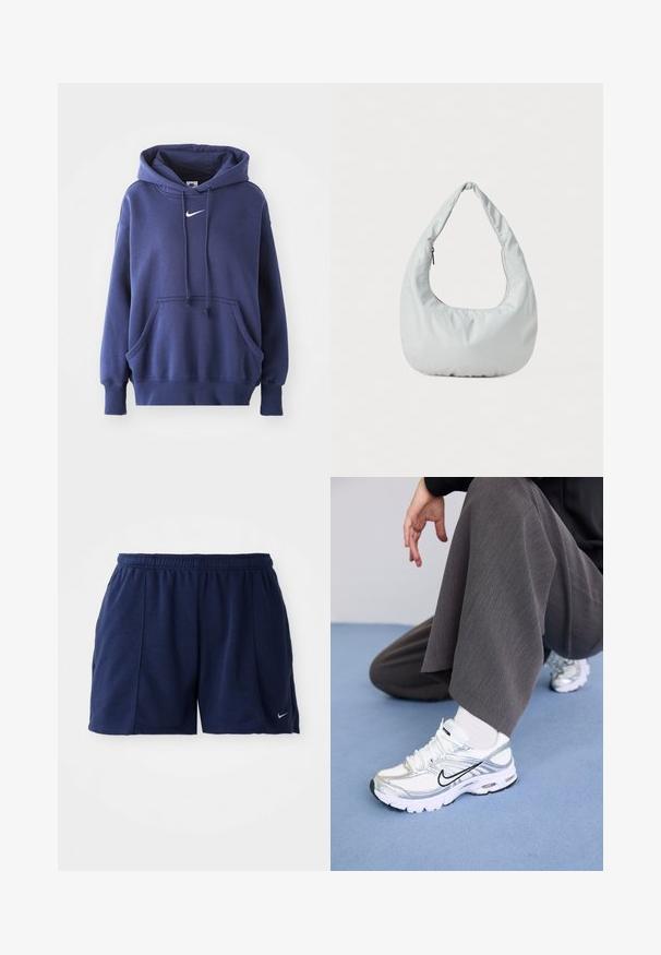 Marineblauwe hoodie, gemaakt van een zachte katoenmix, met een voorzak, een trekkoordkap en een wit Nike-logo op de borst.; Marineblauwe sportshorts gemaakt van zachte stof met een elastische tailleband; voorzien van zijzakken en een klein zilveren logo op de zoom.; Witte en zilveren sport schoenen van mesh en synthetische materialen, met zwarte accentlijnen, veters en gestructureerde zolen.; Zachte, lichtgrijze hobo tas van synthetisch materiaal. Heeft een enkele gevoerde handgreep en een ritsvak aan de zijkant.