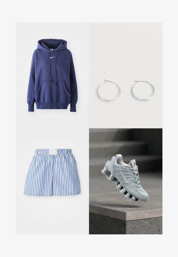 Mørkeblå hoodie lavet af blødt bomuldsblandingsmateriale, med en frontlomme, snøre i hætten og hvidt Nike-logo på brystet.; Blå og hvide stribede shorts med elastisk talje og et mærke med Nike-logoet. Lavet af letvægtsstof med en glat tekstur.; Lysegrå Nike løbesko med polstret, fjedrelignende sål svævende over en betonliste, sløret trappebaggrund.; Sølvfarvede metaloorringe med glat, let buet overflade og låsemekanisme på en ensfarvet hvid baggrund.
