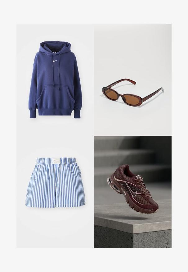 Mørkeblå hoodie lavet af blødt bomuldsblandingsmateriale, med en frontlomme, snøre i hætten og hvidt Nike-logo på brystet.; Blå og hvide stribede shorts med elastisk talje og et mærke med Nike-logoet. Lavet af letvægtsstof med en glat tekstur.; Bordeauxrød Nike løbesko med meshstof, polstret krave, tyk sål og hvide detaljer. Designet har en rundet tå og markante snørebånd.; Runde, bruntonede solbriller med en glansfuld bordeauxramme. Slanke arme med diskret brandingdetalje. Flad linsedesign.