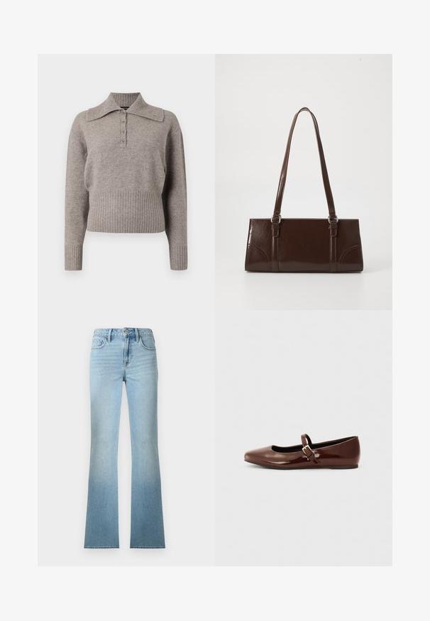 Pull en maille gris clair avec un col, fermeture à boutons sur le devant et ourlet et poignets côtelés. Texture douce et design décontracté.; Jean denim bleu clair taille haute à jambes droites avec poches avant et arrière, fermeture à boutons et passants pour ceinture.; Ballerine en cuir verni marron avec un bout carré et une lanière ornée d'une petite boucle dorée. Texture lisse, talon bas et design minimaliste.; Sac à main en cuir verni marron de forme rectangulaire, avec deux longues poignées et des accents courbés subtils à l'avant.