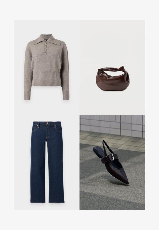 Pull en maille gris clair avec un col, fermeture à boutons sur le devant et ourlet et poignets côtelés. Texture douce et design décontracté.; Jean bleu foncé droit avec bouton et fermeture éclair à l'avant, cinq poches et coutures orange visibles sur fond gris.; Chaussure plate à bout pointu marron foncé avec bride arrière, large sangle et grande boucle argentée sur l'asphalte près d'un mur carrelé.; Sac bandoulière en cuir marron foncé avec une forme souple et décontractée et une anse nouée torsadée sur un fond blanc uni.