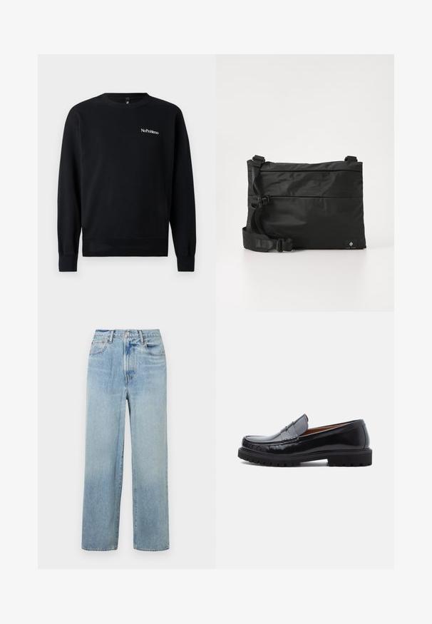 Zwarte sweatshirt gemaakt van zachte stof, met een ronde hals, lange mouwen, ribgebreide manchetten en een witte "NoProblemo" tekstlogo op de borst.; Lichtblauwe, rechte denim jeans met hoge taille, voorzien van vijf zakken en subtiele vervaging. Ongemaaide zoom en contrasterende stikseldetails.; Zwarte leren penny loafer met chunky rubberen zool en moc-toe stiksel, in profiel weergegeven op een witte achtergrond.; Zwarte nylon boodschappentas met verstelbare riem, plat ontwerp en een zijlabel met een logo. Soepele textuur en minimalistische stijl.