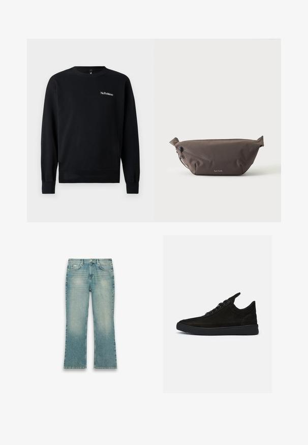 Schwarzer Hoodie aus weichem Material, mit Rundhalsausschnitt, langen Ärmeln, gerippten Bündchen und einem weißen "NoProblemo" Textlogo auf der Brust.; Hellblaue Jeans aus Denim mit leichtem Used-Look, geradem Bein, vorderer Knopfleiste und Fünf-Taschen-Stil vor weißem Hintergrund.; Schwarze Wildledersneaker mit niedrigem Profil, runder Spitze und strukturiertem Gummisole. Verfügt über fünf Ösen und eine hintere Zuglasche.; Dunkelbraune Stoff-Gürteltasche mit diagonalem Reißverschlussfach und kleinem weißen Logo vorne, vor einem einfarbigen hellen Hintergrund.