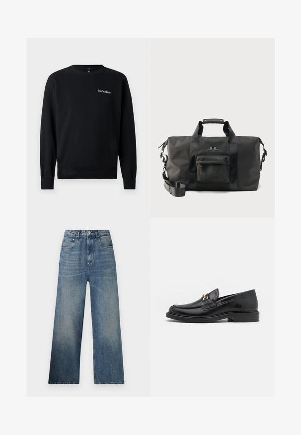 Zwarte sweatshirt gemaakt van zachte stof, met een ronde hals, lange mouwen, ribgebreide manchetten en een witte "NoProblemo" tekstlogo op de borst.; Blauwe denim wijdgerande jeans met een hoge taille, voorzien van subtiele vervaging, vijf zakken en een metalen knoopsluiting aan de voorkant.; Zwarte leren instappers met een ronde neus, voorzien van een gouden hardware accent en stikdetails, geplaatst op een lage, getextureerde rubberen zool.; Zwarte weekendtas met twee handvatten, verstelbare schouderriem, voorvak met rits en minimalistisch logo op effen achtergrond.