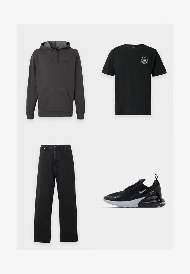 Sudadera con capucha de color gris oscuro, con interior forrado de felpa, bolsillo tipo canguro frontal, puños y dobladillo acanalados, y un sutil logo en el pecho.; Camiseta de algodón negra con mangas cortas, que presenta un logo gráfico blanco en el lado izquierdo del pecho. Diseño clásico de cuello redondo. Corte estándar.; Vaqueros negros de pierna recta con bolsillos delanteros, trabillas para cinturón, cierre de botón y costuras visibles, sobre un fondo liso.; Zapatilla deportiva negra con parte superior de malla, mediopie blanca y amortiguación de aire visible en el talón. Diseño elegante con sutiles acentos plateados.