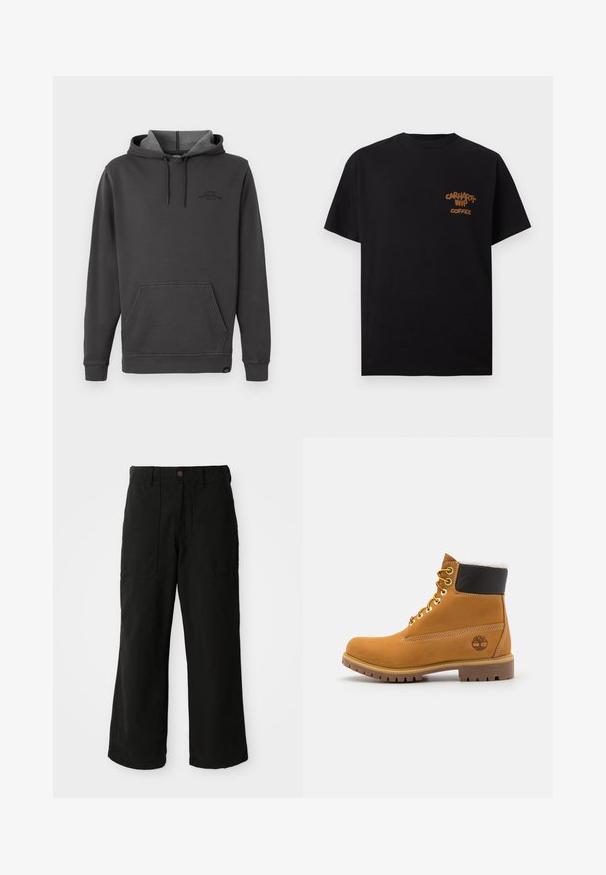 Mørkegrå hættetrøje med fleece-foring, frontlomme til hænderne, ribstrikkede håndled og kant, samt et diskret logo på brystet.; Sort T-shirt med korte ærmer med lille brun tekst "Carhartt WIP Coffee" på venstre bryst.; Sorte vide benbukser lavet af blødt stof, med frontlommer og en knaplukning i taljen. Minimalistisk design uden synlige mønstre.; Brune læder ankelstøvle med metaløjer, hvid pelsforing, sort polstret krave, robust sål og præget logo på siden.