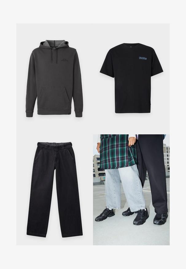 Sudadera con capucha de color gris oscuro, con interior forrado de felpa, bolsillo tipo canguro frontal, puños y dobladillo acanalados, y un sutil logo en el pecho.; Camiseta negra de algodón con mangas cortas y cuello redondo. Presenta el logotipo "Dickies" bordado en azul en el área del pecho izquierdo.; Pantalones de pierna ancha negros, hechos de una tela resistente, con una cinturilla plana, dos bolsillos laterales y una textura suave.; Zapatillas deportivas negras con acentos de malla y goma. Combinadas con jeans de pierna ancha de color gris claro y una blusa de cuadros verdes. Fondo de superficie plana.