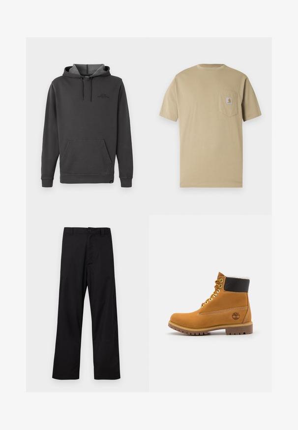 Sudadera con capucha de color gris oscuro, con interior forrado de felpa, bolsillo tipo canguro frontal, puños y dobladillo acanalados, y un sutil logo en el pecho.; Camiseta beige de manga corta hecha de algodón, con un bolsillo en el pecho izquierdo con un parche de logo. Cuello redondo clásico con un ajuste regular.; Pantalones negros de pierna recta con cierre de botón y cremallera, trabillas para cinturón, mostrados extendidos sobre un fondo claro.; Botín de cuero marrón con ojales de metal, forro de piel sintética blanca, cuello acolchado negro, suela resistente y logotipo en relieve en el costado.