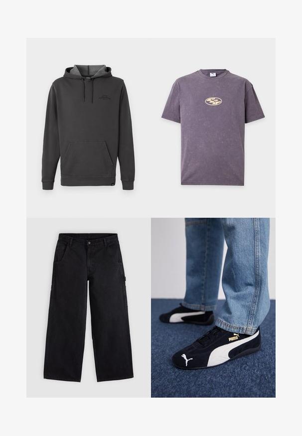 Mørkegrå hættetrøje med fleece-foring, frontlomme til hænderne, ribstrikkede håndled og kant, samt et diskret logo på brystet.; Lilla T-shirt med korte ærmer med lille beige oval logo og puma-silhuet centreret på brystet.; Sorte bredbenede arbejdstøj bukser med bæltestropper, forlommer og knaplukning, vist på en ensfarvet lys baggrund.; Sorte ruskinds sneakers med hvide detaljer og et guldlogo. Båret med lyseblå denimjeans og sat på en struktureret blå overflade.