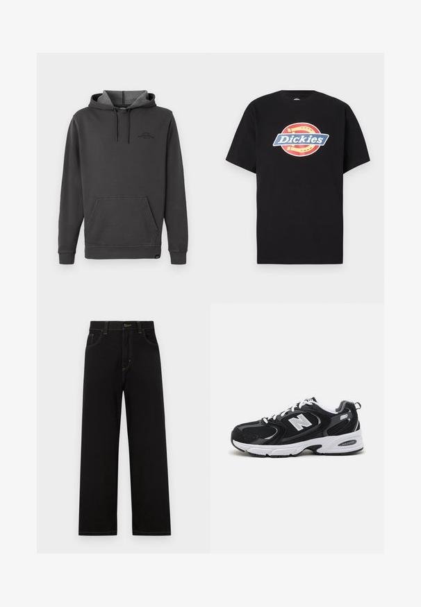 Dunkelgrauer Kapuzenpullover mit fleecegefüttertem Innenfutter, frontaler Kängurutasche, gerippten Bündchen und Saum sowie einem dezenten Logo auf der Brust.; Schwarzes Baumwoll-T-Shirt mit kurzen Ärmeln und rundem Ausschnitt. Es zeigt ein großes rundes Logo in Rot und Blau mit dem Text "Dickies" in der Mitte.; Schwarze Jeans mit geradem Schnitt, ausgestattet mit Fronttaschen, kontrastierenden gelben Nähten und einem Knopfverschluss an der Taille.; Schwarze und graue Sportschuhe mit Obermaterial aus Mesh und Wildleder, ausgestattet mit einer weißen Zwischensohle, Schnürsenkeln und einem markanten "N"-Logo an der Seite.