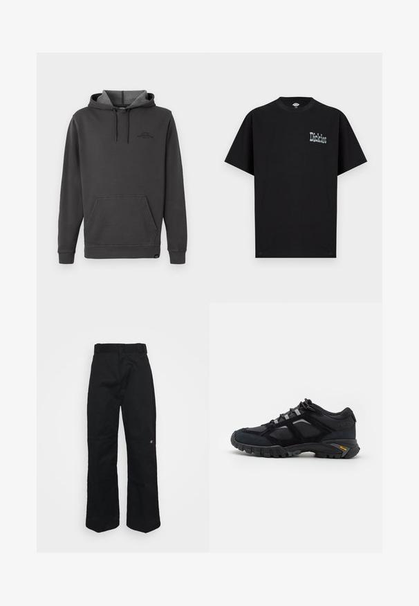 Donkergrijze hoodie met een fleece-voering aan de binnenkant, een voorzak in kangoeroestijl, ribgebreide manchetten en zoom, en een subtiel logo op de borst.; Zwart T-shirt met korte mouwen van katoen, met een frontale grafische "Dickies" logo in een contrasterende lichte kleur. Standaard ronde hals ontwerp.; Zwarte broek gemaakt van stevig stof, met een rechte pijpvorm, riemlussen en een klein logo aan de onderzijde.; Zwarte buitenschoen van suede en mesh met een robuuste zool. Voorzien van grijze accenten en Vibram-logo op de zijkant. Vetersluiting.