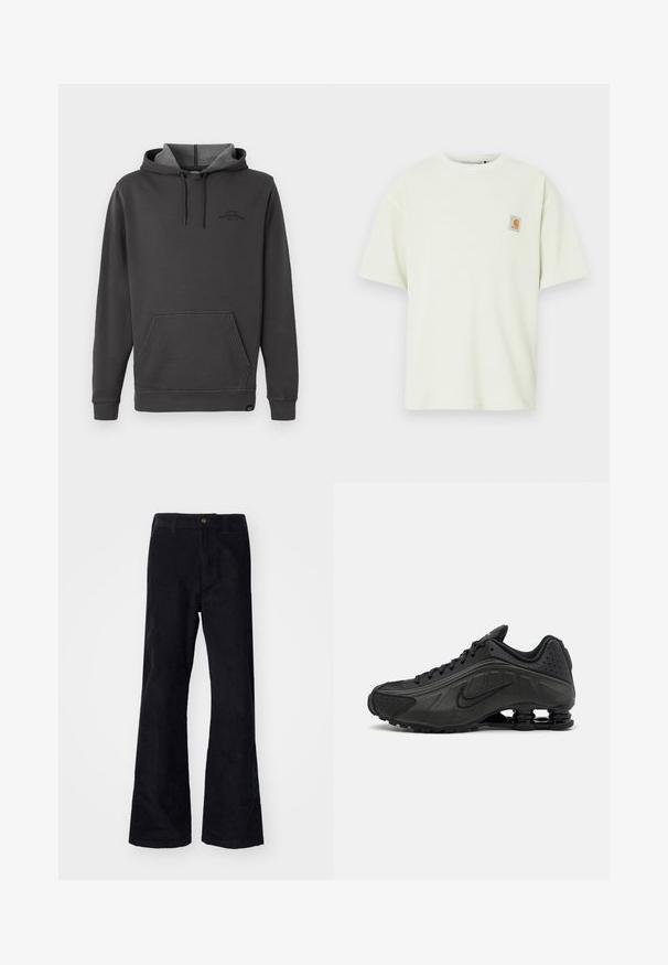 Sudadera con capucha de color gris oscuro, con interior forrado de felpa, bolsillo tipo canguro frontal, puños y dobladillo acanalados, y un sutil logo en el pecho.; Camiseta de manga corta de color verde claro en tejido texturizado con un ajuste relajado, con un pequeño parche con el logo cuadrado en el pecho.; Pantalones de algodón negros acampanados con una cinturilla tradicional, un solo botón frontal y bolsillos a los lados y en la parte posterior. Textura suave.; Zapatillas de running negras con un upper sintético liso, detalles perforados, paneles laterales texturizados y una suela distintiva y elástica.