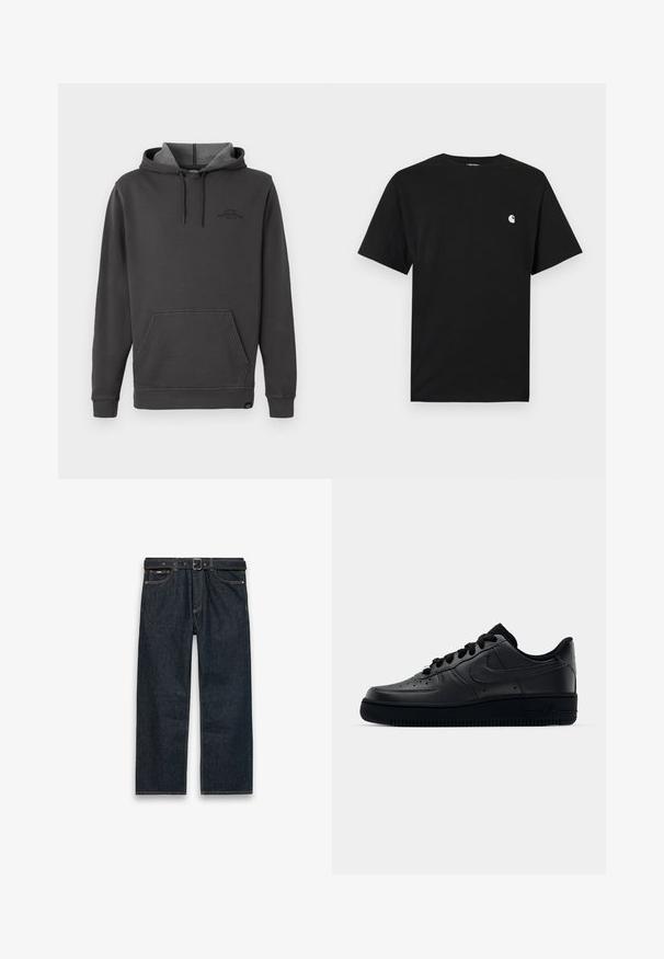 Mørkegrå hættetrøje med fleece-foring, frontlomme til hænderne, ribstrikkede håndled og kant, samt et diskret logo på brystet.; Sort T-shirt med korte ærmer og rund hals med lille hvidt og sort logo på venstre bryst mod en enkel lys baggrund.; Mørkeblå straight-leg jeans i denim med bæltestropper og sort bælte, forlommer og synlige syninger på en hvid baggrund.; Sort Nike Air Force 1 sneaker med en glat læderoverdel, perforeret tå for åndbarhed, sorte snørebånd og en textured gummisål.