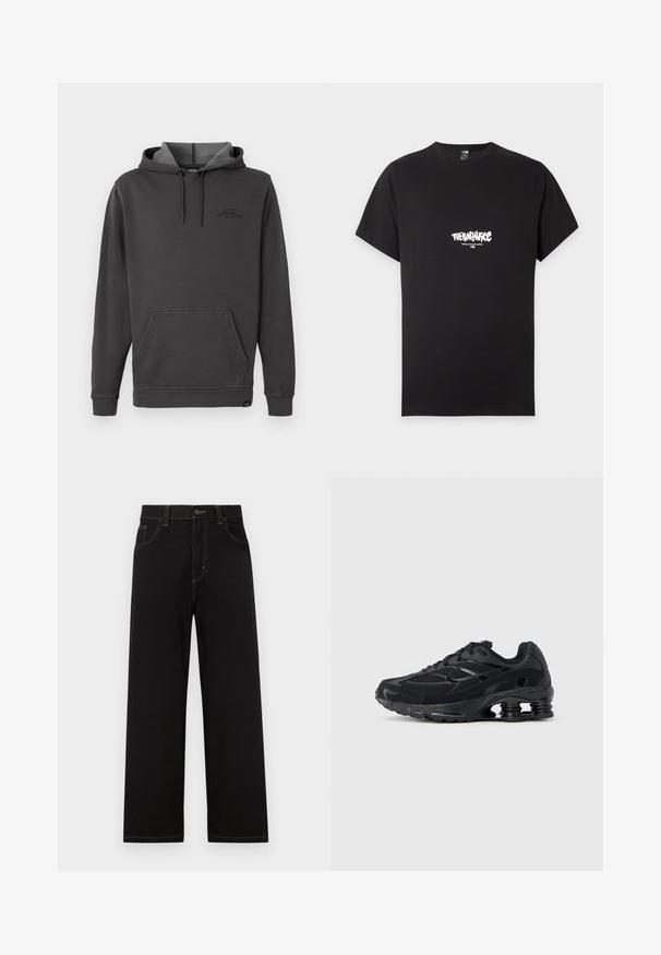 Mørkegrå hættetrøje med fleece-foring, frontlomme til hænderne, ribstrikkede håndled og kant, samt et diskret logo på brystet.; Sort T-shirt med korte ærmer med hvidt "The North Face" logo og "Never Stop Exploring" tekst centreret på brystet.; Sorte denimbukser med lige pasform, der har frontlommer, kontrastgule syninger og en knaplukning i taljen.; Sort atletiksko med mesh-overdel, polstret krave og markant støddæmpningsteknologi ved hælen. Har teksturerede detaljer og snørebånd.