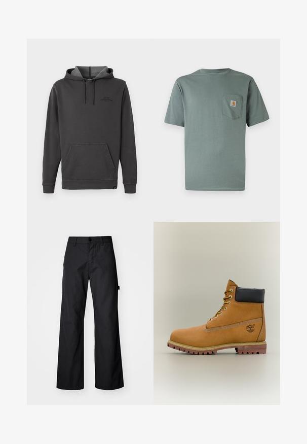 Sudadera con capucha de color gris oscuro, con interior forrado de felpa, bolsillo tipo canguro frontal, puños y dobladillo acanalados, y un sutil logo en el pecho.; Camiseta de manga corta de color verde claro hecha de algodón con un bolsillo en el pecho que lleva un parche con el logo. Textura suave y diseño clásico de cuello redondo.; Pantalones anchos, negros, fabricados con un tejido durable. Cierre de botón y bolsillos laterales. Textura suave con un diseño limpio.; Bota de tobillo de cuero marrón con cuello negro, cordones amarillos y suela beige. Presenta un logotipo y detalles de costura blanca. Suela exterior con tracción robusta.