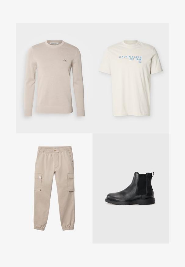 Suéter de punto color beige hecho de una mezcla de algodón, con cuello redondo y puños acanalados. Sutil logotipo 'CK' bordado en el pecho.; Camiseta de manga corta color crema con cuello redondo, con texto azul claro "CALVIN KLEIN EST. 1968" y pequeño logo "CK" en el pecho.; Pantalones cargo beige con cintura y puños elásticos, cierre de botón, bolsillos laterales y bolsillos con solapa en ambos muslos. Pequeño logo en la solapa del bolsillo izquierdo.; Botas Chelsea de cuero negro con acabado texturizado, paneles laterales elásticos y una suela de goma resistente. Marca sutil en el talón.