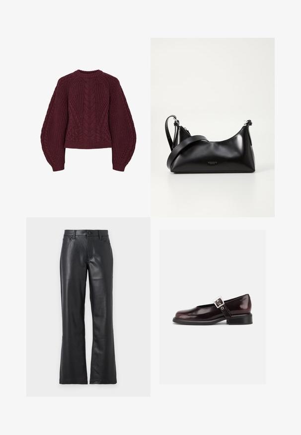 Pull en tricot bordeaux avec des motifs de câbles texturés, col rond et manches bouffantes. Les poignets et l'ourlet côtelés soulignent le design.; Pantalon en cuir noir avec un design évasé, doté de poches avant, passants de ceinture et d'une fermeture à bouton. Texture lisse avec des coutures visibles.; Chaussure Mary Jane unique brillante couleur bordeaux foncé avec une large bride et une boucle argentée, talon bloc bas et bout arrondi sur fond blanc.; Sac à main en cuir noir avec une texture lisse. Dispose d'une bandoulière adjustable et d'un design élégant et minimaliste avec une fermeture éclair.