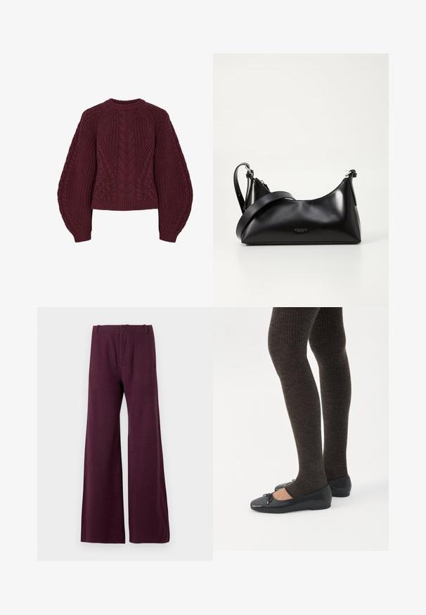 Pull en tricot bordeaux avec des motifs de câbles texturés, col rond et manches bouffantes. Les poignets et l'ourlet côtelés soulignent le design.; Pantalons larges bordeaux en tissu léger. Caractéristiques d'une fermeture à bouton et à fermeture éclair à l'avant, avec une texture lisse et uniforme.; Jambes portant des leggings côtelés foncés associés à des ballerines noires avec de petits détails en nœud sur fond blanc.; Sac à main en cuir noir avec une texture lisse. Dispose d'une bandoulière adjustable et d'un design élégant et minimaliste avec une fermeture éclair.