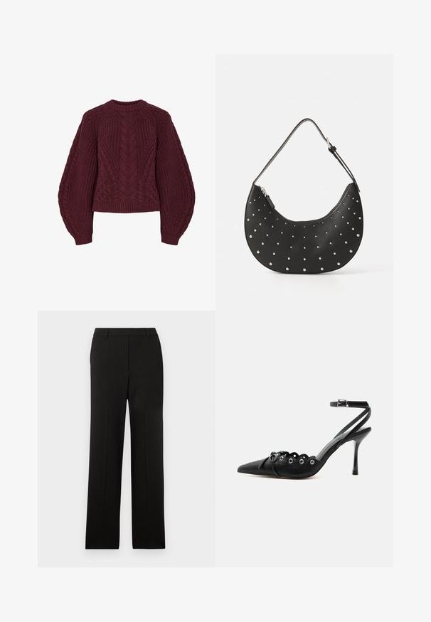 Pull en tricot bordeaux avec des motifs de câbles texturés, col rond et manches bouffantes. Les poignets et l'ourlet côtelés soulignent le design.; Pantalon noir ajusté avec une coupe droite, présentant un devant plat, sans poches, et une texture de tissu lisse.; Chaussure à talon haut noire à bout pointu, bords festonnés, œillets métalliques, lacets à l'avant et bride de cheville avec fermeture à boucle.; Sac à main en cuir noir avec une forme arrondie, orné de clous en argent, doté d'une fermeture éclair et d'une seule sangle ajustable.