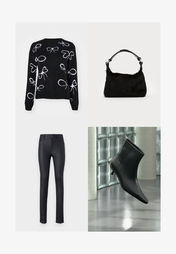 ONLY ONLLOUI BOW - Pullover - black/cloud dancer; Pantalons skinny en simili cuir noir avec deux poches avant, fermeture à double bouton et zips à la cheville pour un ajustement réglable. Texture lisse sur toute la surface.; Bottine en cuir noir à bout pointu et petit talon kitten, présentée en angle devant un sol poli et un mur en blocs de verre.; Sac à main en fausse fourrure noire avec une texture douce, une forme arrondie et une bandoulière en cuir noir robuste. Accent en métal argenté visible.