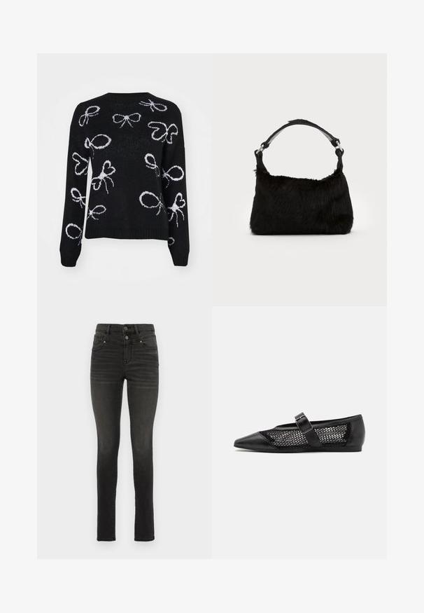 ONLY ONLLOUI BOW - Pullover - black/cloud dancer; Jean skinny noir en denim avec taille haute, dotés de deux boutons, de cinq poches et d'une légère décoloration le long des jambes.; Chaussure plate noire avec un bout pointu, panneaux latéraux en maille et une sangle avec une boucle décorative. Fini lisse sur les sections du bout et du talon.; Sac à main en fausse fourrure noire avec une texture douce, une forme arrondie et une bandoulière en cuir noir robuste. Accent en métal argenté visible.