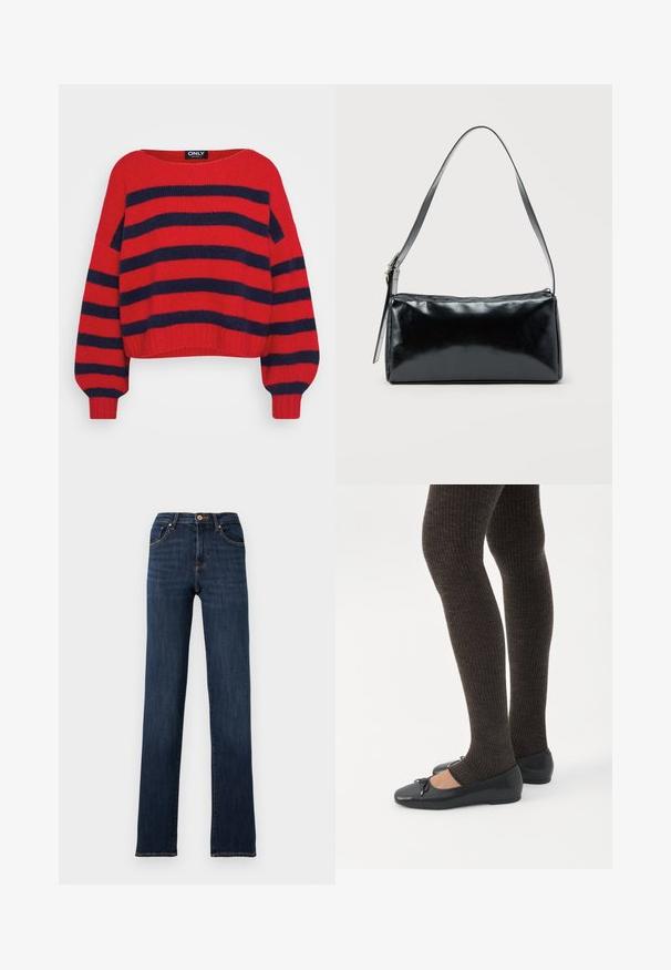 Rode gebreide trui met marineblauwe horizontale brede strepen, lange mouwen, ronde halslijn en geribbelde manchet- en onderrand.; Donkerblauwe rechte jeans met knoop en ritssluiting aan de voorkant, voorzakken en zichtbare stiksels op een effen achtergrond.; Benen met donkere geribbelde leggings gecombineerd met zwarte ballerina's met kleine strikdetails op een witte achtergrond.; Zwarte rechthoekige schoudertas met een enkele verstelbare band en een bovenste ritssluiting op een effen achtergrond.