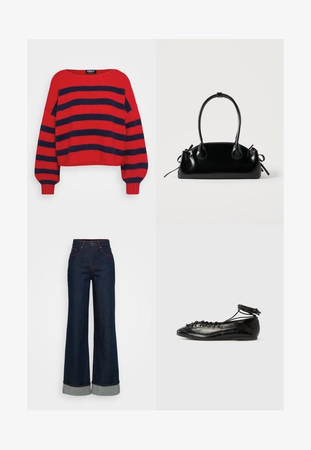 Rød strikket sweater med marineblå vandrette brede striber, lange ærmer, rund halsudskæring og ribbede manchetter og kant.; Mørkeblå brede jeans med opsmøg ved kanten og synlig rød syning på lommer og sømme, med en knap- og lynlås lukning.; Sorte balletflade sko i laklæder med rundet tå, snørelukning og flad sål. Glat tekstur med få detaljer.; Lille sort blank håndtaske med to lange håndtag og snøre-detaljer i siden på en ensfarvet lys baggrund.