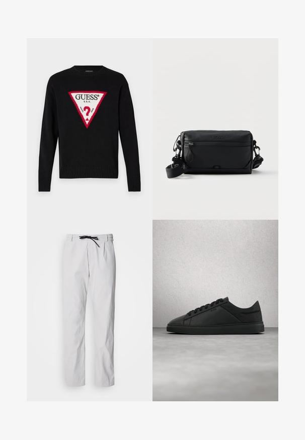 Zwarte gebreide trui met een grote rode driehoek en witte tekst "GUESS® U.S.A." met een centraal vraagteken motief. Ribbelmanchetten en -zoom.; Tapered broek van een katoenmix in lichtgrijs met een taillekoord. Voorzien van plooien aan de voorkant en zijzakken voor functionaliteit.; Zwarte lage leren sneaker met veters en het "BOSS"-logo, zwevend boven een gladde betonnen vloer nabij glazen blokken.; Zwart rechthoekige crossbodytas met voorvak met rits, verstelbare band en geperst "BOSS"-logo bovenaan in het midden.