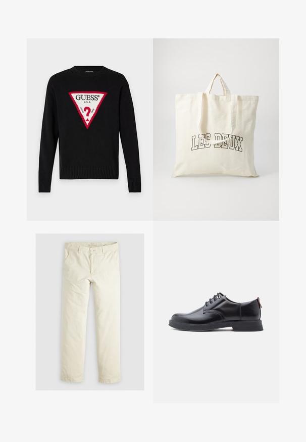 Zwarte gebreide trui met een grote rode driehoek en witte tekst "GUESS® U.S.A." met een centraal vraagteken motief. Ribbelmanchetten en -zoom.; Lichtbeige losse broek met drie zakken, riemlussen en een recht model. Gemaakt van een zachte katoenmix.; Zwarte leren veter schoenen met een gladde textuur, ronde neus en subtiel stiksel detail. Voorzien van een rode trekband op de hiel.; Canvas draagtasje in off-white, voorzien van korte handvatten en de geprinte tekst "LES DEUX" in vetgedrukte zwarte letters. Duurzaam, eenvoudig ontwerp.