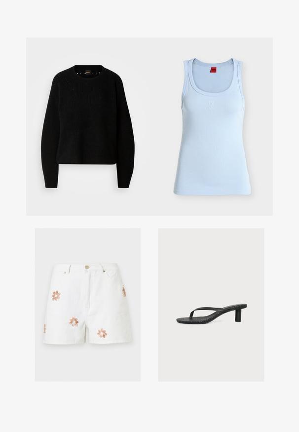 Pull en maille noir avec un col rond et une texture côtelée. Présente des détails subtils autour de l'encolure et des manches longues et droites.; Débardeur bleu clair sans manches à encolure ronde, avec petit logo blanc en relief « HUGO » sur la poitrine et étiquette rouge à l'intérieur du col.; Shorts en denim blanc avec poches avant et fleurs coquillage décoratives beiges brodées à l'avant et sur le côté.; Sandale noire à talon avec fines brides et semelle texturée, dotée d’un petit talon cylindrique sur un fond uni clair.