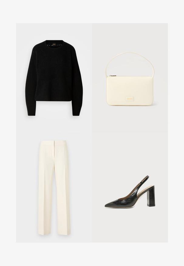 Pull en maille noir avec un col rond et une texture côtelée. Présente des détails subtils autour de l'encolure et des manches longues et droites.; Pantalon droit sur mesure couleur blanc cassé avec pli avant, ceinture et fermeture avant dissimulée sur un fond uni.; Chaussure slingback en cuir noir à bout pointu avec un talon bloc haut et une doublure intérieure beige sur un fond clair uni.; Sac à main rectangulaire de couleur crème avec une seule sangle et une fermeture éclair sur le dessus, comportant une petite plaque de logo embossé à l'avant.